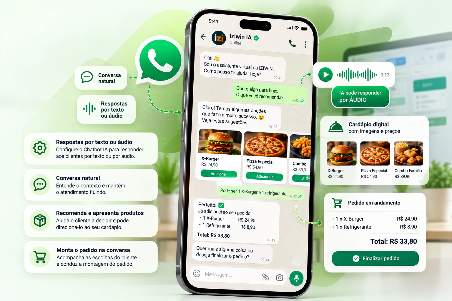 Chatbot IA da IZIWIN conversando com clientes, recomendando produtos e montando pedidos